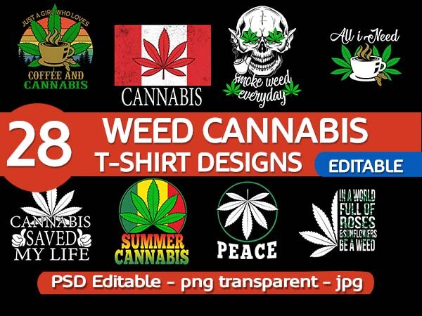 28 weed cannabis bundle tshirt design png transparent and psd file editable