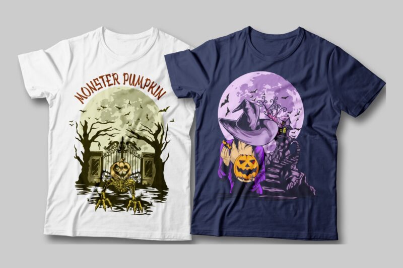 t-shirt vector Halloween spooky Illustration t-shirt designs bundle. Halloween theme, Monster pumpkin, Scary, horror, Halloween artwork vector, Halloween witch