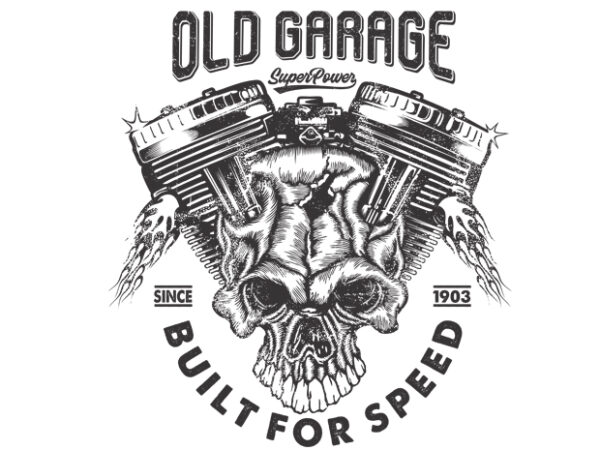 Old garage with machine and skull illustration t shirt design online