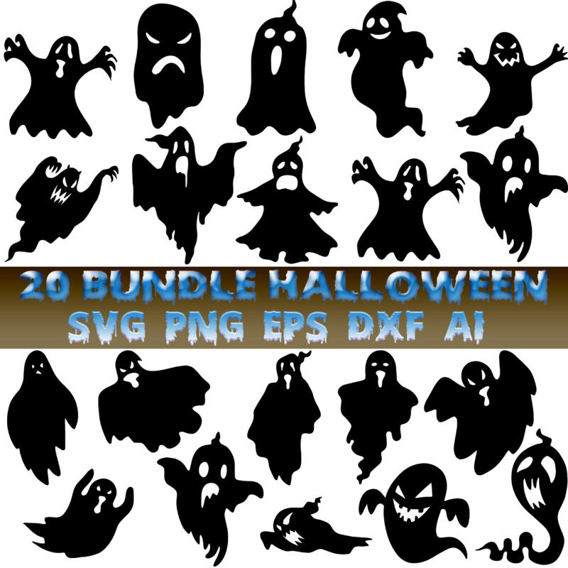 20 Bundles t shirt designs Halloween, Ghosts SVG Bundle, Halloween elements bundles vector icons symbol for t-shirt design, creepy, Ghost horror Svg, 20 packs of Halloween t-shirt designs with spooky