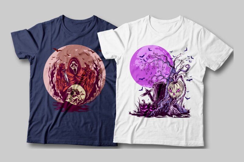 t-shirt vector Halloween spooky Illustration t-shirt designs bundle. Halloween theme, Monster pumpkin, Scary, horror, Halloween artwork vector, Halloween witch