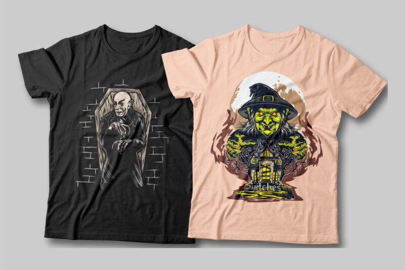 t-shirt vector Halloween spooky Illustration t-shirt designs bundle. Halloween theme, Monster pumpkin, Scary, horror, Halloween artwork vector, Halloween witch