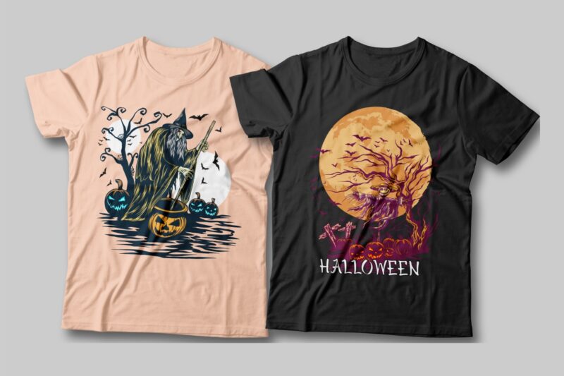 t-shirt vector Halloween spooky Illustration t-shirt designs bundle. Halloween theme, Monster pumpkin, Scary, horror, Halloween artwork vector, Halloween witch