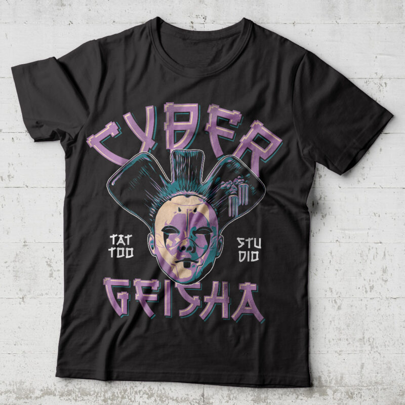 Cyber Geisha. Editable t-shirt design.