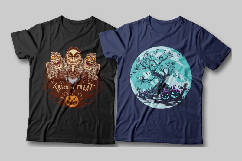 t-shirt vector Halloween spooky Illustration t-shirt designs bundle. Halloween theme, Monster pumpkin, Scary, horror, Halloween artwork vector, Halloween witch
