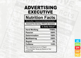 Advertising executive funny nutrition facts editable vector t-shirt design in ai svg png printable files, marketing executive nutritional svg files for cricut