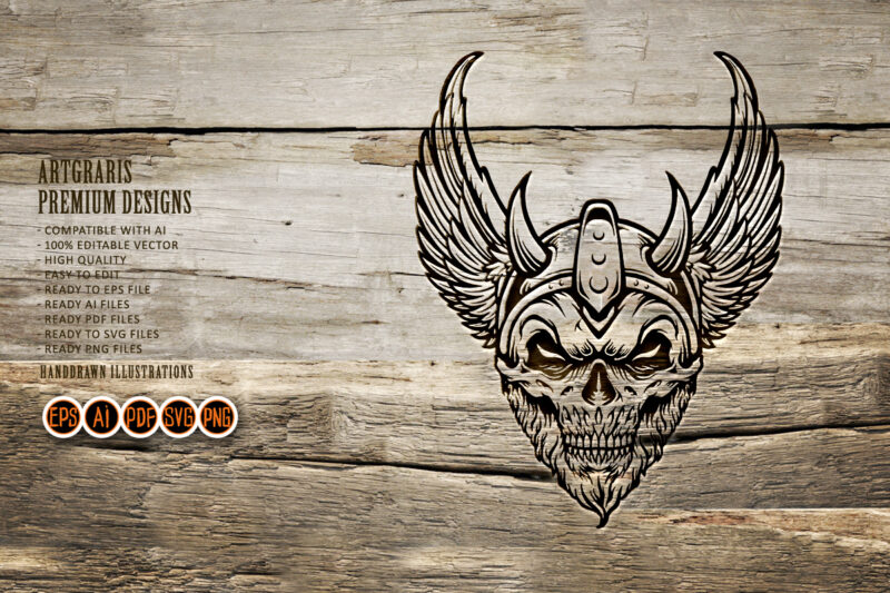 Viking Warrior Head Skull Wings Silhouette