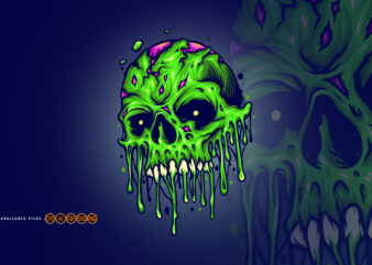 Green Zombie Skull Isolated Melt Horror t shirt design template