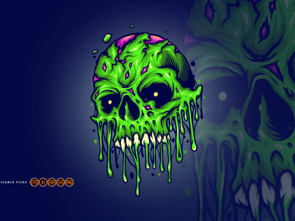 Green zombie skull isolated melt horror t shirt design template
