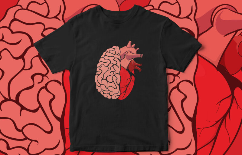 Brain & Heart, Brain & Heart Vector, Brain & Heart t-shirt design, Think, motivational t-shirt design, t-shirt design, streetwear