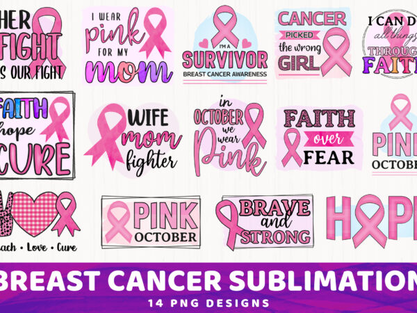Breast cancer sublimation bundle, 14 png designs