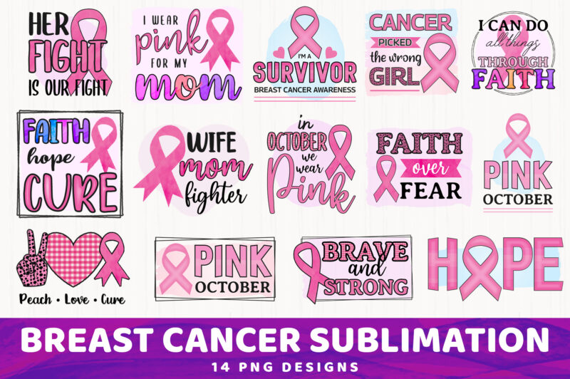 Breast Cancer Sublimation Bundle, 14 PNG Designs