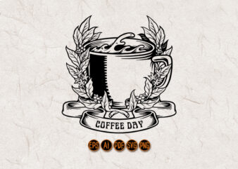 Coffee Day Vintage Badge Glass Ribbon Silhouette