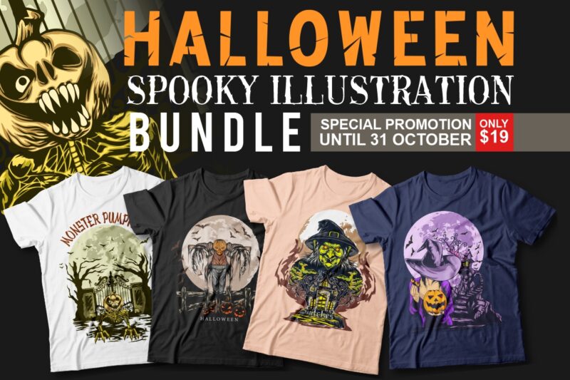t-shirt vector Halloween spooky Illustration t-shirt designs bundle. Halloween theme, Monster pumpkin, Scary, horror, Halloween artwork vector, Halloween witch