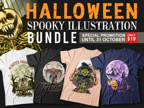 Halloween spooky illustration t-shirt designs bundle. halloween theme, monster pumpkin, scary, horror, halloween artwork vector, halloween witch