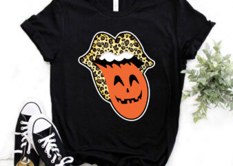 Halloween-T-shirt-design,-lips leopard pattern, pumpkin-tongue