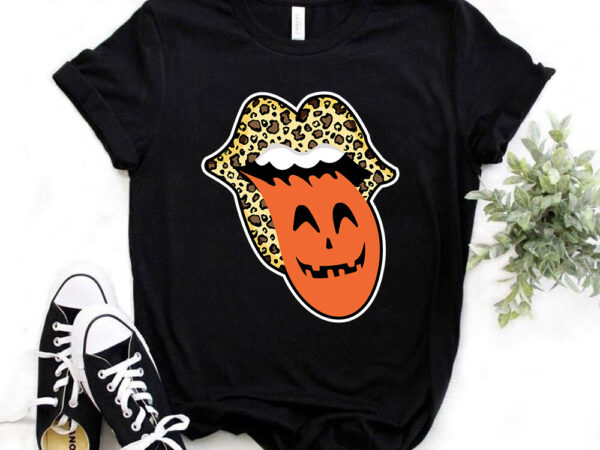 Halloween-t-shirt-design,-lips leopard pattern, pumpkin-tongue