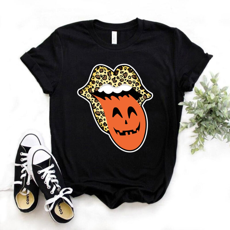 Halloween-T-shirt-design,-lips leopard pattern, pumpkin-tongue