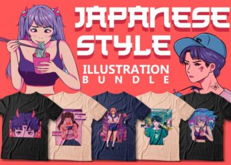 Japanese style illustration t shirt design bundle, Anime character bundles, Japan daily life, Japanese graphic vector