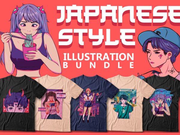 Japanese style illustration t shirt design bundle, anime character bundles, japan daily life, japanese graphic vector