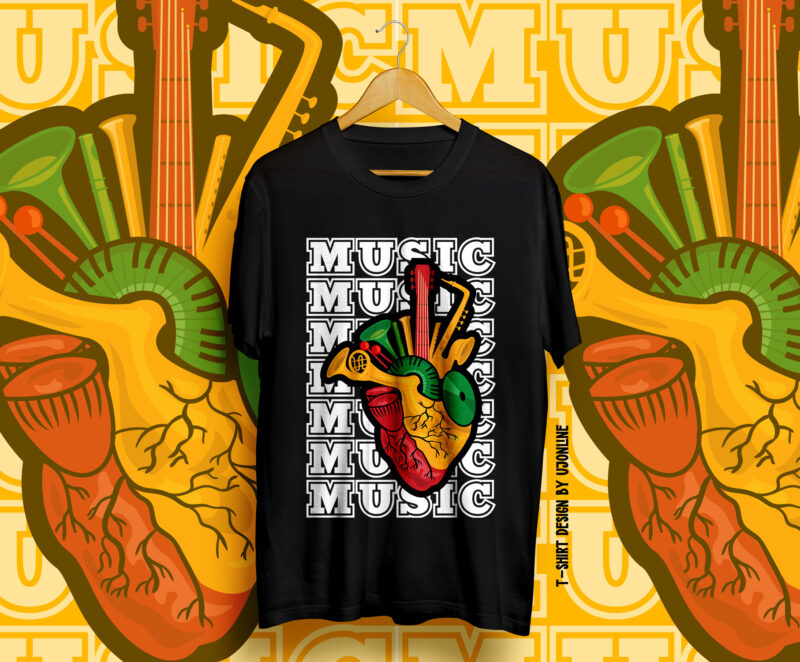 MUSIC HEART, Music, Music Instruments, Music Illustration, Music Typography, Heart, Music Lover, Music Vectors, Music Heart Vector, Sound, Singers, Music T-Shirt design