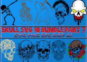 Skull SVG 10 Bundle Part 7, Bundle Skull, Bundles Skull, Skull Bundle, Sugar Skull Bundle, Calavera Skull Svg, Halloween Svg, Day of the dead, Halloween, Halloween Party Svg, Skull svg,