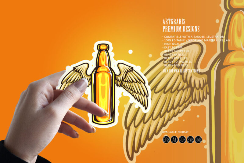 Bottle Beer Wings Mascot Illustrations
