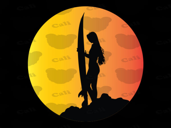 Surfer girl at sunset t shirt template vector