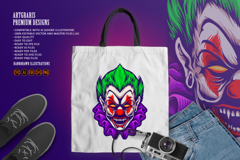 Clown Head Joker Vampire Horror Illustrations