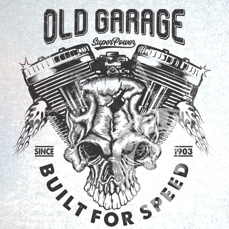 old garage with machine and skull illustration