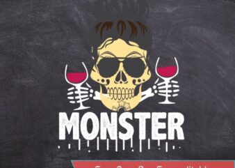 Messy Bun Wine Drinking Mom Skull Momster Leopard Pattern Tshirt design svg,