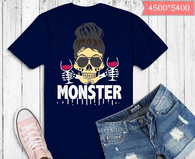 Messy Bun Wine Drinking Mom Skull Momster Leopard Pattern Tshirt design svg,