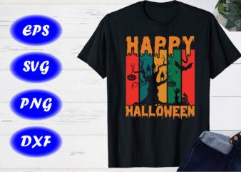 Happy Halloween T-shirt Design Template, Halloween Tree, Bats, Pumpkin