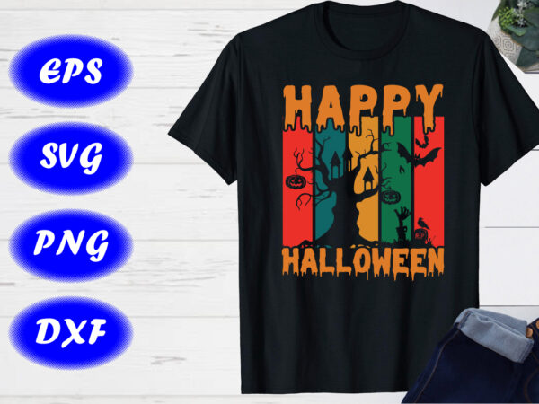 Happy halloween t-shirt design template, halloween tree, bats, pumpkin
