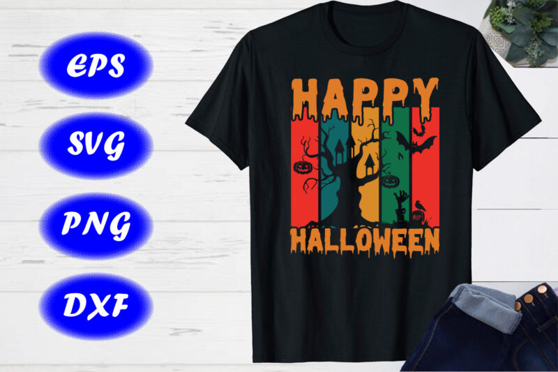 Happy Halloween T-shirt Design Template, Halloween Tree, Bats, Pumpkin