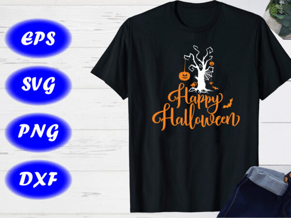 Happy halloween t-shirt design print template halloween tree, pumpkin, spider net