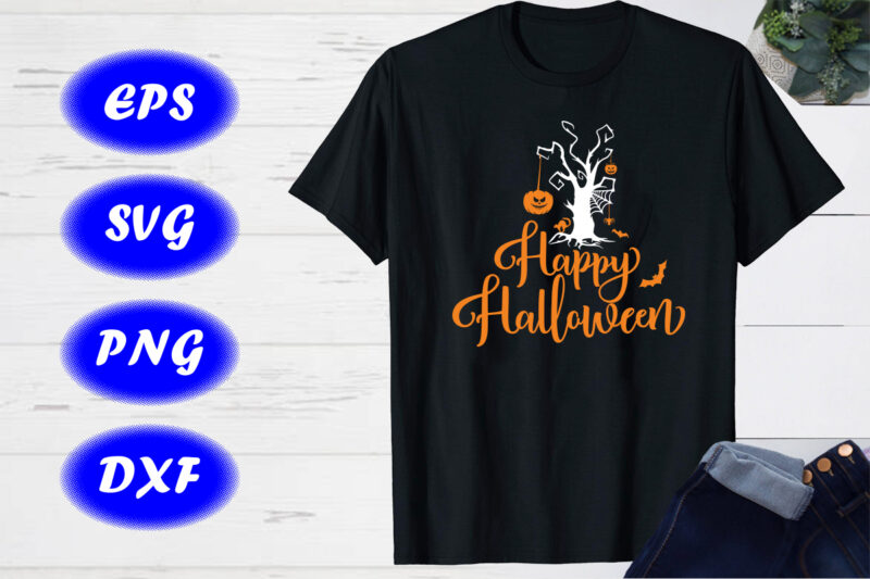 Happy Halloween T-shirt Design print Template Halloween Tree, Pumpkin, Spider net