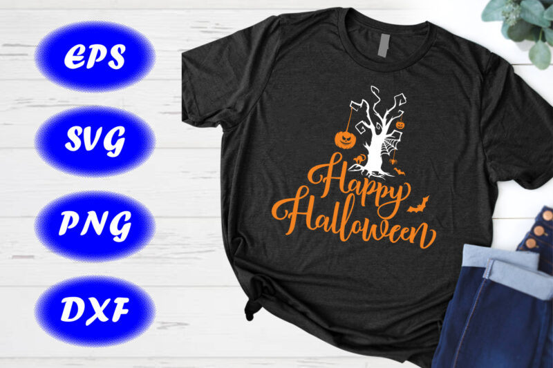 Happy Halloween T-shirt Design print Template Halloween Tree, Pumpkin, Spider net