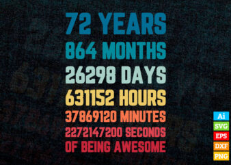 72 Years 864 Months of Being Awesome 72nd Birthday vintage editable vector t-shirt designs png svg files, vintage Birthday svg files for cricut