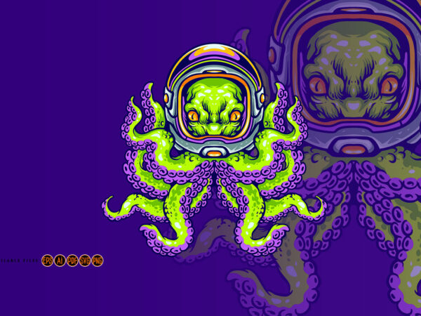 Alien octopus wearing spaceman helmet kraken t shirt vector