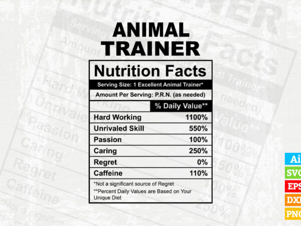 Animal Trainer funny nutrition facts editable vector t-shirt design in ai svg png printable files, Pet Trainer nutritional svg files for cricut - Buy t-shirt designs Animal Trainer funny nutrition facts editable vector t-shirt design in ai svg png printable files, Pet Trainer nutritional svg files for cricut - Buy t-shirt designs