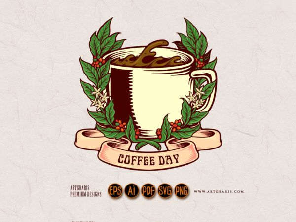 Coffee day vintage badge with glass and ribbon t shirt vector file