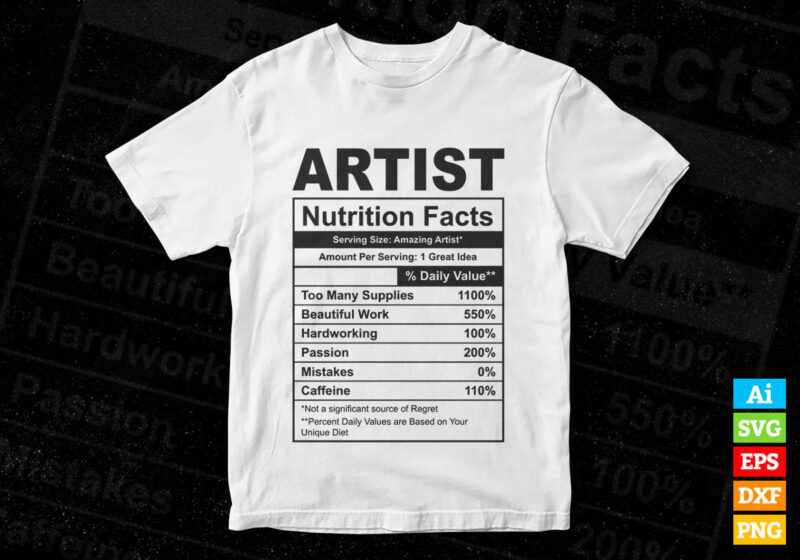 Artist funny nutrition facts editable vector t-shirt design in ai svg png  printable files, artwork drawing illustration nutritional maker creator svg  ...