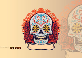 Sugar Skull Dia De Los Muertos with Roses and Ribbon
