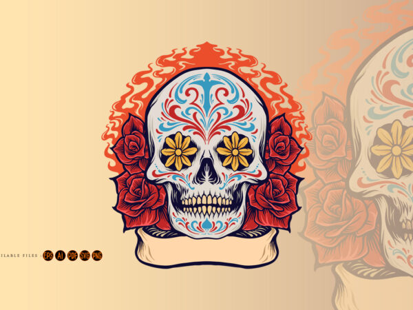 Sugar skull dia de los muertos with roses and ribbon t shirt template vector