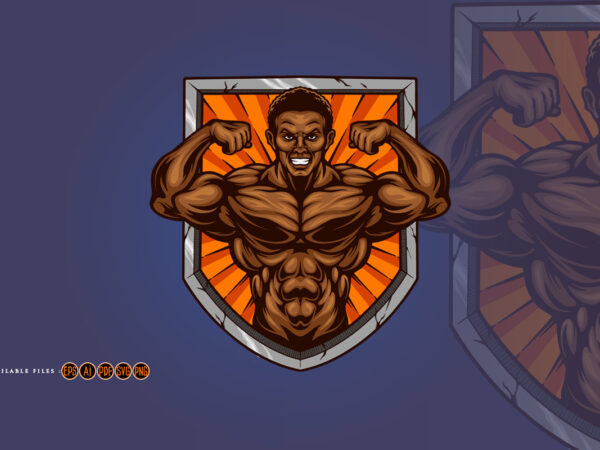 Gym muscular fitness shield logo t shirt design template