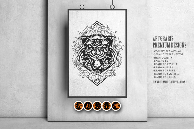 Tiger Head Ornaments Frame Silhouette