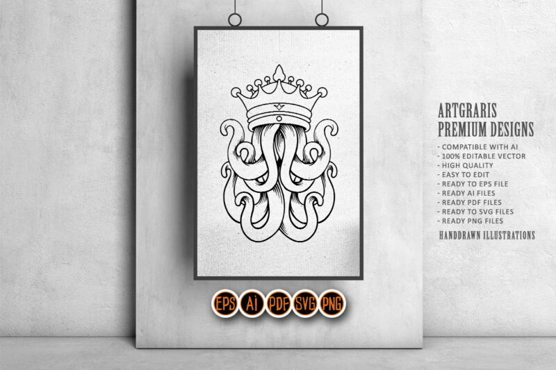 King Octopus Silhouette Logo SVG