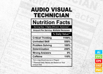 Audio Visual Technician funny nutrition facts editable vector t-shirt design in ai svg png printable files, Audio Visual Technician nutritional svg files for cricut