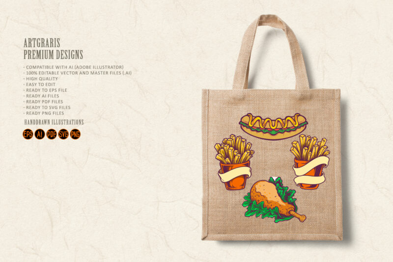 Fast Food Hotdog, Chicken french fries Set Illustrations